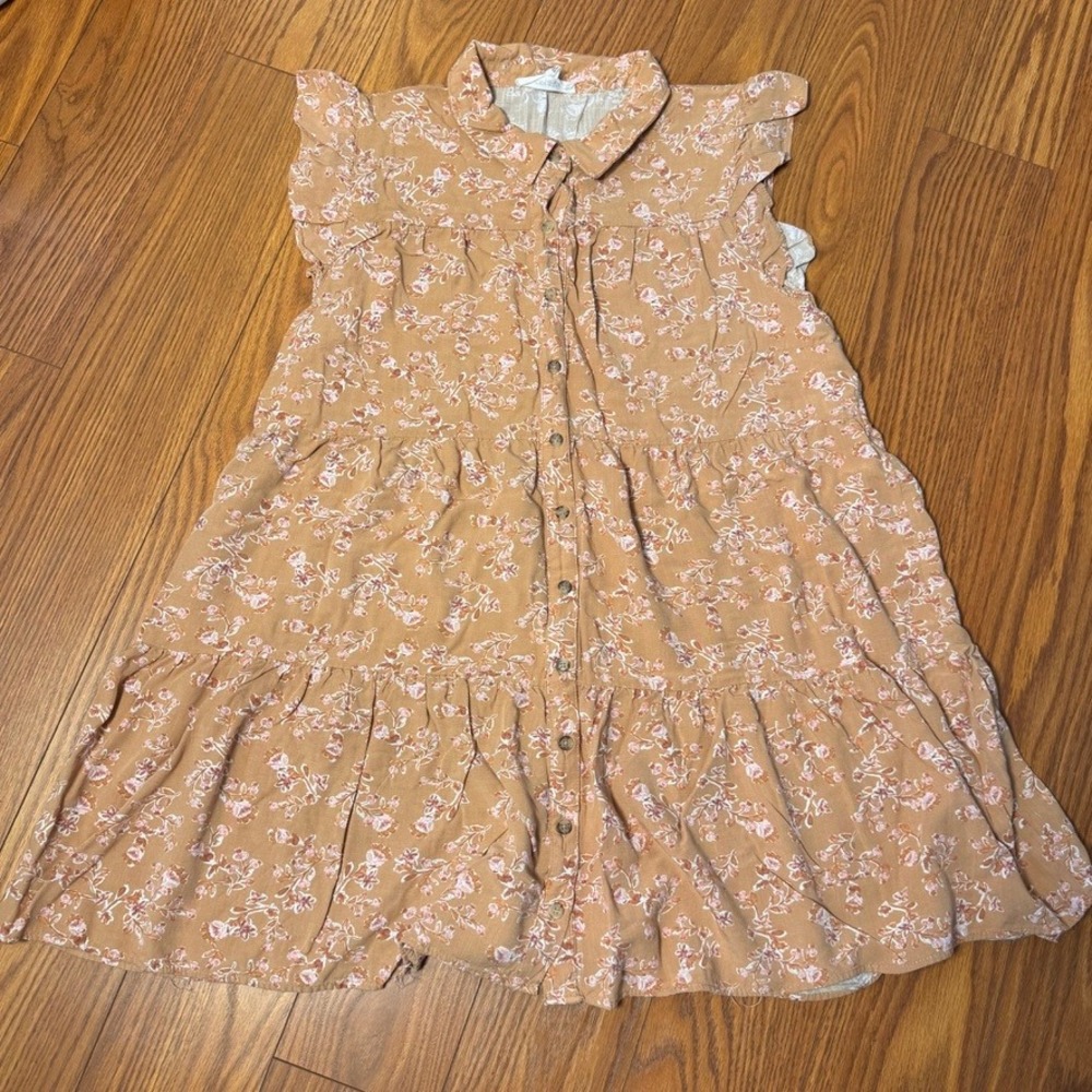 Lucky Brand Floral Tiered Sleeveless Button Down Mini Dress XL Terracotta Tan